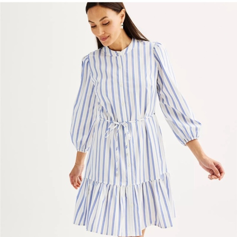 Brand New Women's Nine West Long Sleeve Blue & White Belted Dress, Size XL, NWT - Picture 2 of 6